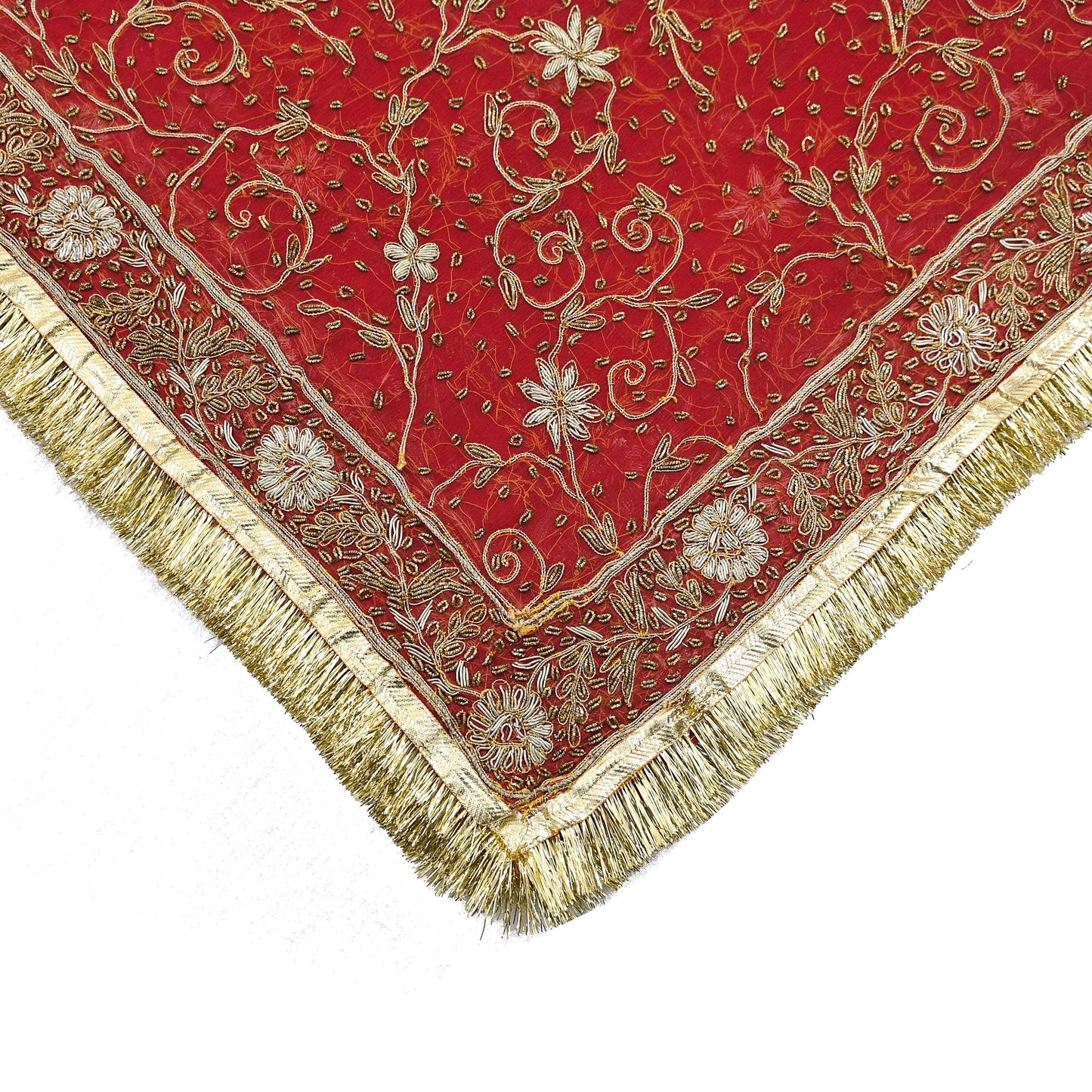 Indian Vintage Heavy Bridal Red Dupatta Pure Chiffon Silk Long Stole Hand Embroidered Scarf Zardozi/Dabka Zari Sequins Wedding Veil Hijab