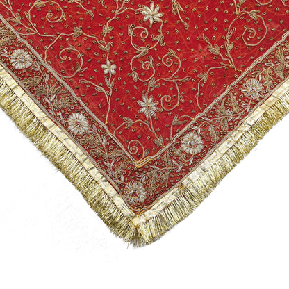 Indian Vintage Heavy Bridal Red Dupatta Pure Chiffon Silk Long Stole Hand Embroidered Scarf Zardozi/Dabka Zari Sequins Wedding Veil Hijab