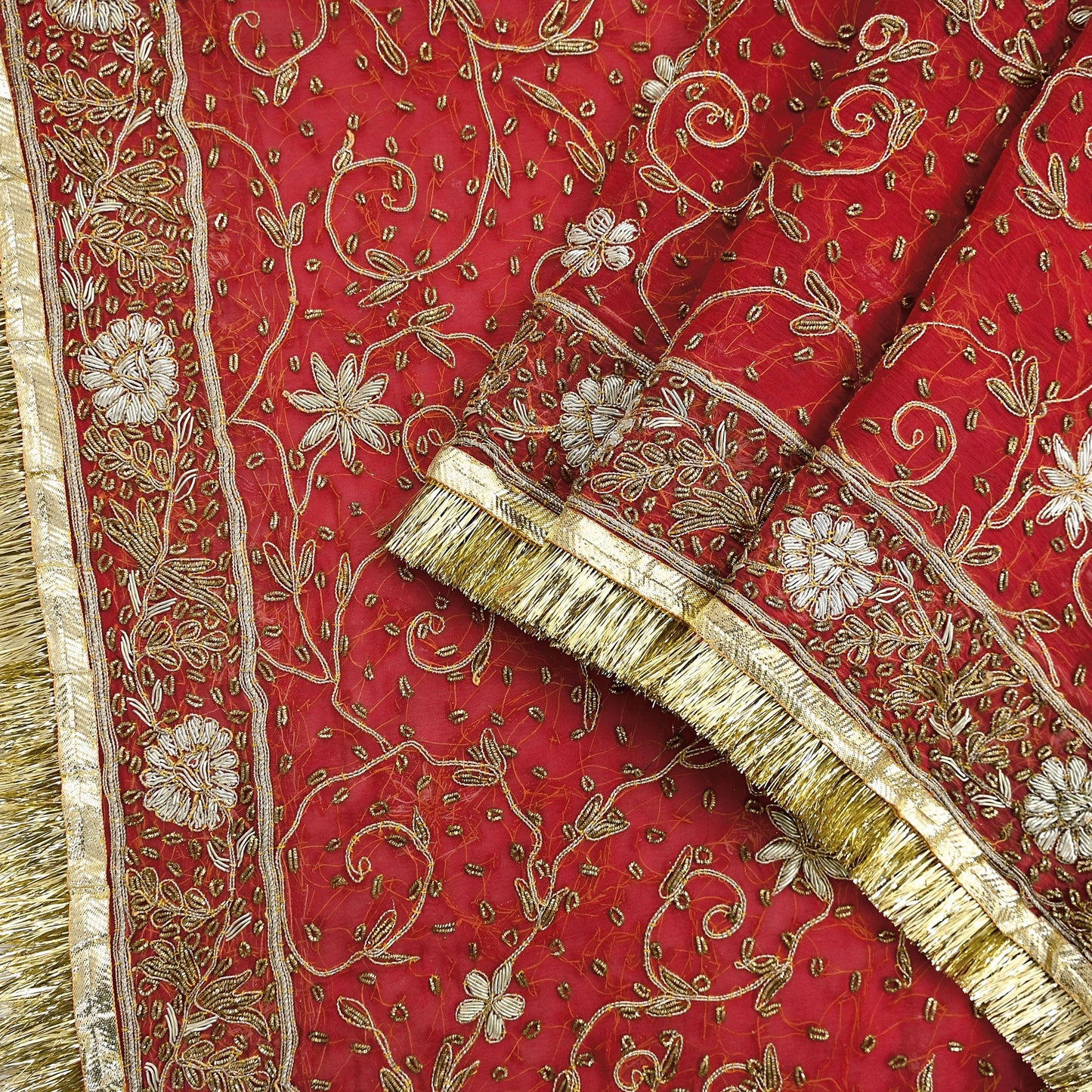 Indian Vintage Heavy Bridal Red Dupatta Pure Chiffon Silk Long Stole Hand Embroidered Scarf Zardozi/Dabka Zari Sequins Wedding Veil Hijab