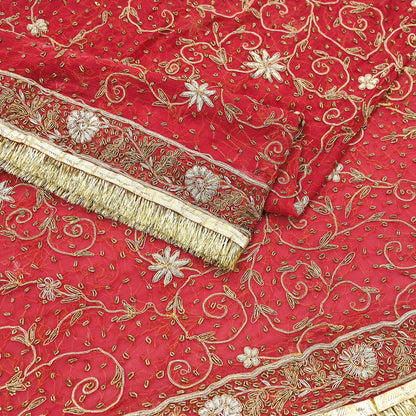 Indian Vintage Heavy Bridal Red Dupatta Pure Chiffon Silk Long Stole Hand Embroidered Scarf Zardozi/Dabka Zari Sequins Wedding Veil Hijab