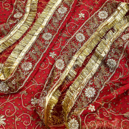 Indian Vintage Heavy Bridal Red Dupatta Pure Chiffon Silk Long Stole Hand Embroidered Scarf Zardozi/Dabka Zari Sequins Wedding Veil Hijab