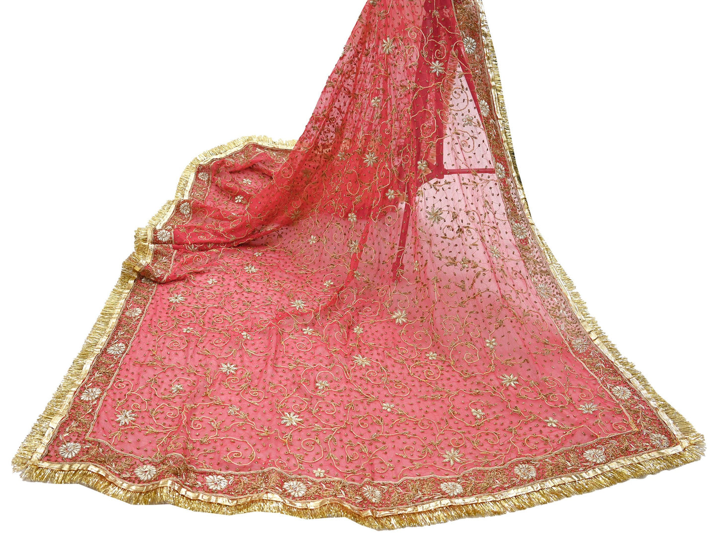 Indian Vintage Heavy Bridal Red Dupatta Pure Chiffon Silk Long Stole Hand Embroidered Scarf Zardozi/Dabka Zari Sequins Wedding Veil Hijab