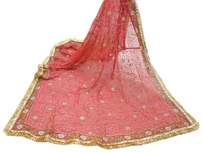 Indian Vintage Heavy Bridal Red Dupatta Pure Chiffon Silk Long Stole Hand Embroidered Scarf Zardozi/Dabka Zari Sequins Wedding Veil Hijab