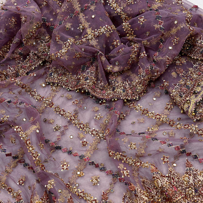 Indian Vintage wedding Hand Embroidered Purple Net Dupatta Zardozi Stole Veil Hijab Bridal