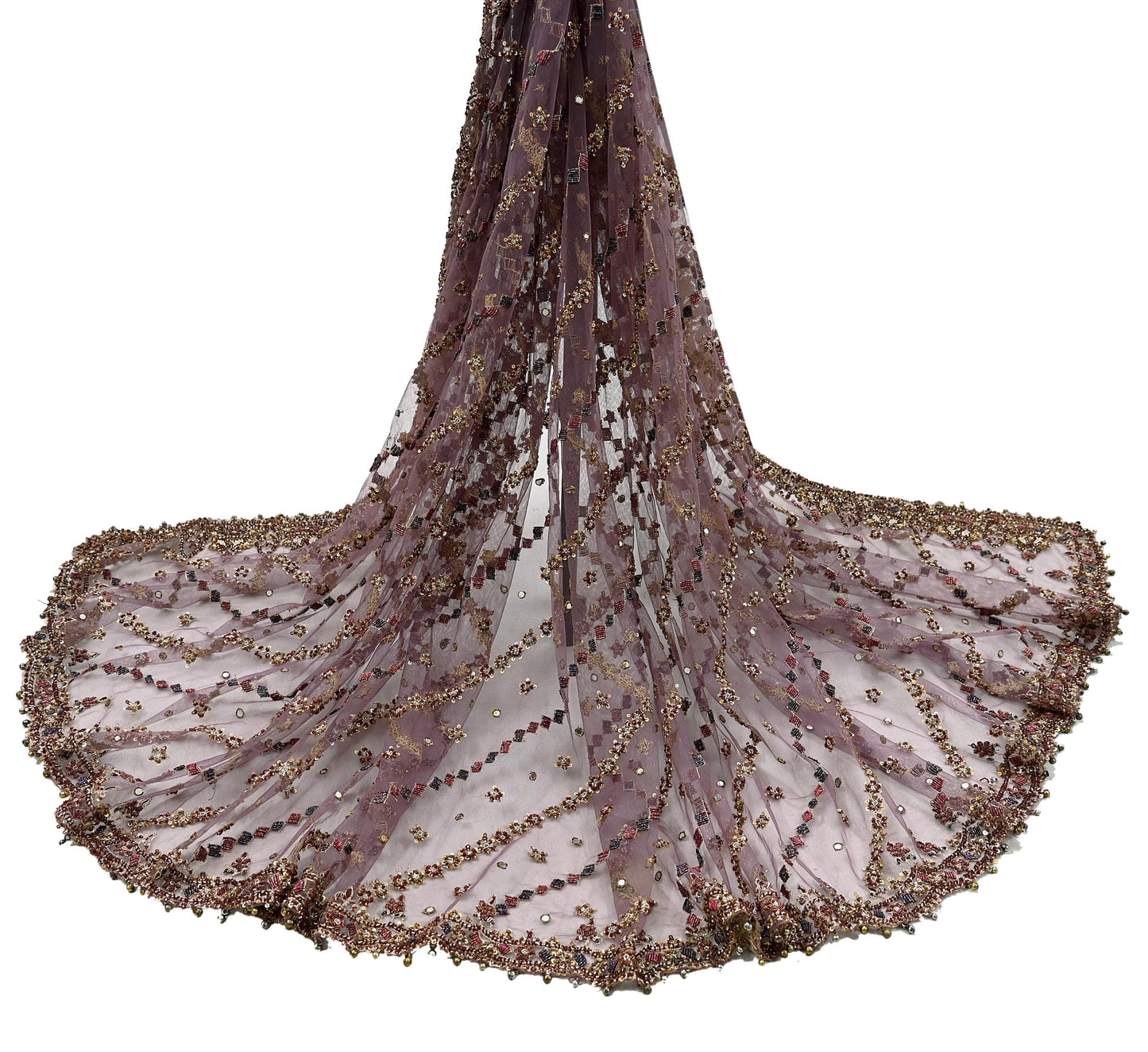 Indian Vintage wedding Hand Embroidered Purple Net Dupatta Zardozi Stole Veil Hijab Bridal