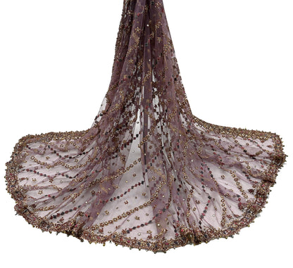 Indian Vintage wedding Hand Embroidered Purple Net Dupatta Zardozi Stole Veil Hijab Bridal