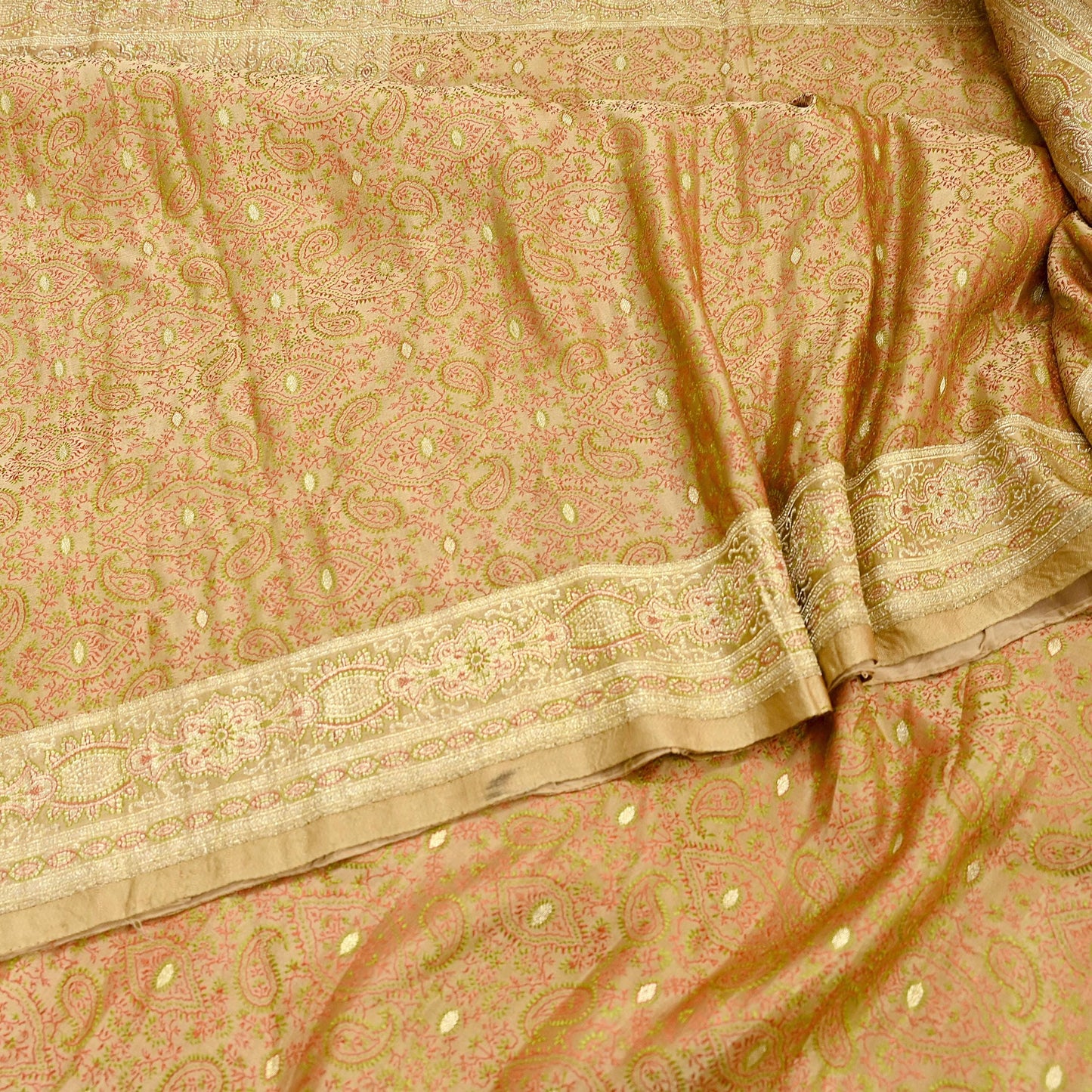 Vintage Banarasi Saree Pure Satin Silk Woven Brocade Zari Fabric Beige Heavy Craft Sari 5 Yards Indian Antique Textile Dress Making