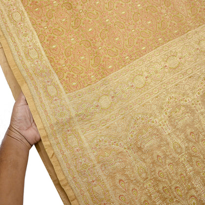 Vintage Banarasi Saree Pure Satin Silk Woven Brocade Zari Fabric Beige Heavy Craft Sari 5 Yards Indian Antique Textile Dress Making