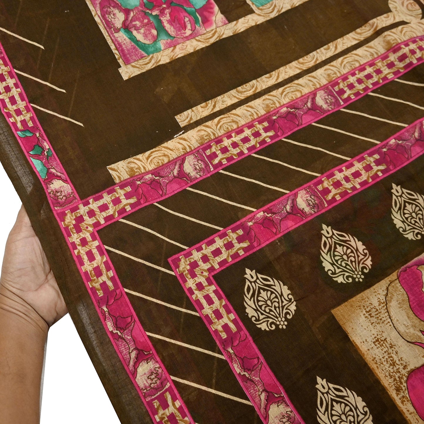 Indian Vintage Sari Beige & Brown Printed 100% Pure Cotton Saree Craft Fabric 5Yd Soft Sewing Sarong Wrap Boho Dress Making Quilting