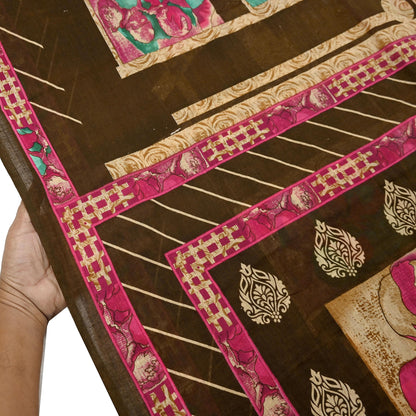 Indian Vintage Sari Beige & Brown Printed 100% Pure Cotton Saree Craft Fabric 5Yd Soft Sewing Sarong Wrap Boho Dress Making Quilting