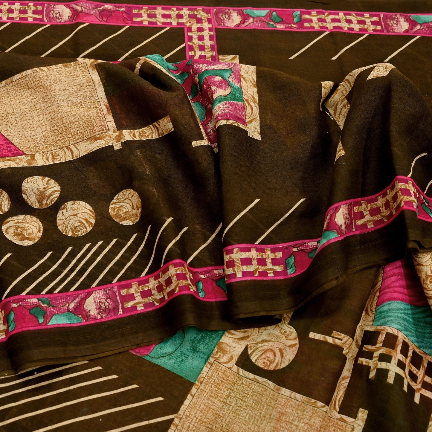 Indian Vintage Sari Beige & Brown Printed 100% Pure Cotton Saree Craft Fabric 5Yd Soft Sewing Sarong Wrap Boho Dress Making Quilting