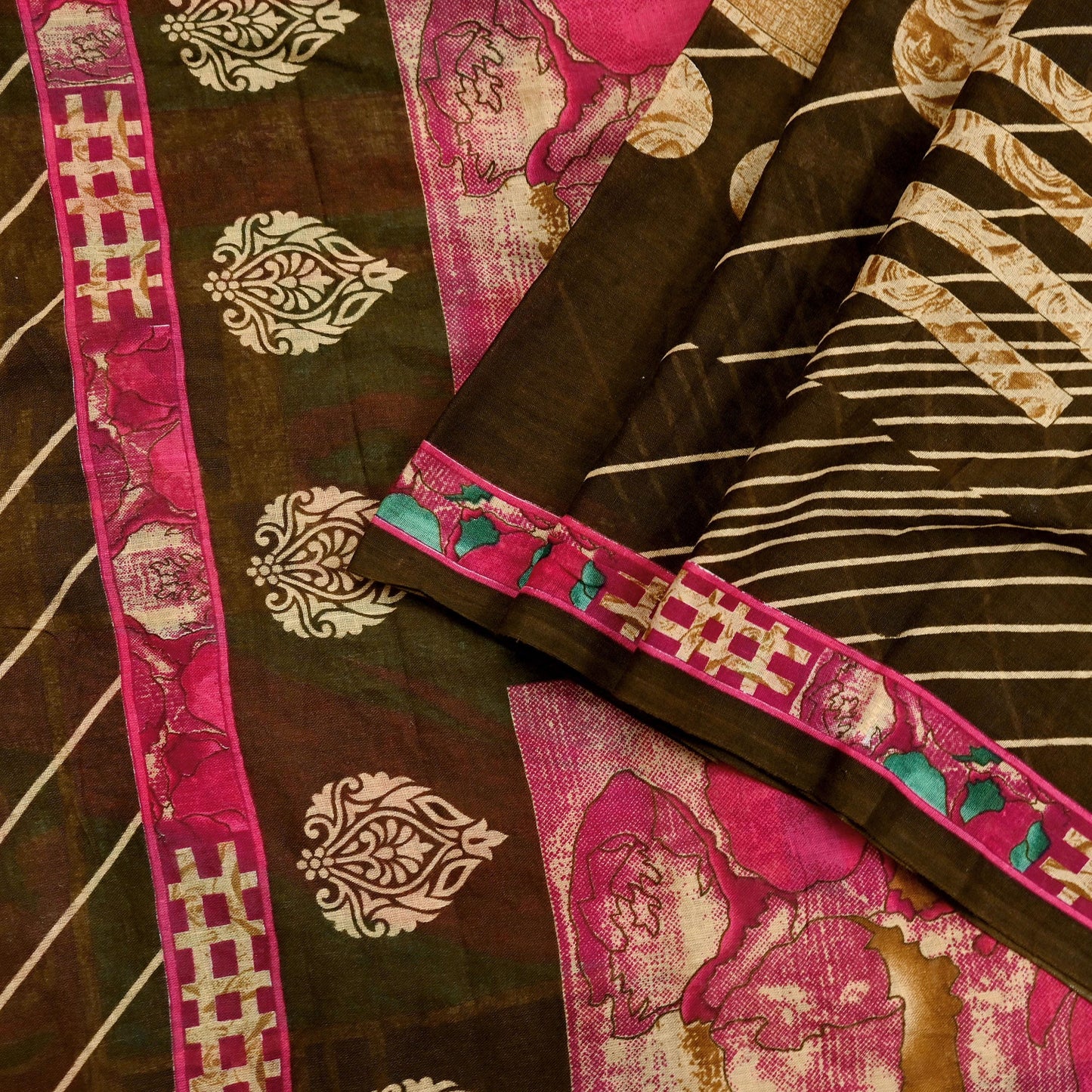 Indian Vintage Sari Beige & Brown Printed 100% Pure Cotton Saree Craft Fabric 5Yd Soft Sewing Sarong Wrap Boho Dress Making Quilting