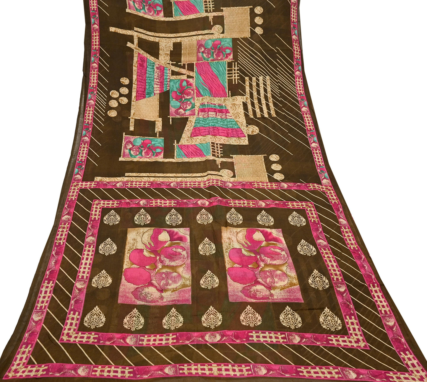 Indian Vintage Sari Beige & Brown Printed 100% Pure Cotton Saree Craft Fabric 5Yd Soft Sewing Sarong Wrap Boho Dress Making Quilting