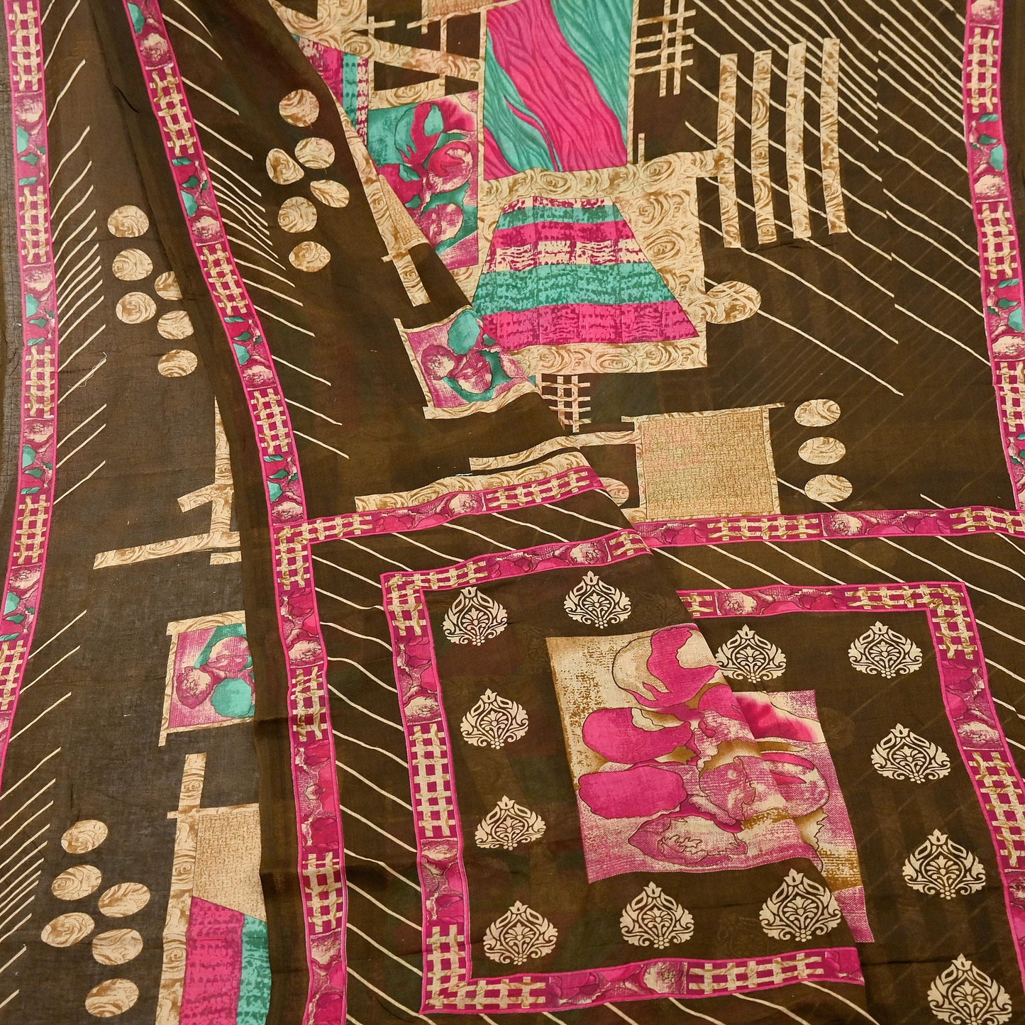 Indian Vintage Sari Beige & Brown Printed 100% Pure Cotton Saree Craft Fabric 5Yd Soft Sewing Sarong Wrap Boho Dress Making Quilting