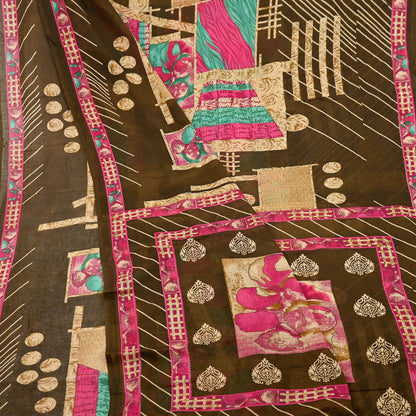 Indian Vintage Sari Beige & Brown Printed 100% Pure Cotton Saree Craft Fabric 5Yd Soft Sewing Sarong Wrap Boho Dress Making Quilting