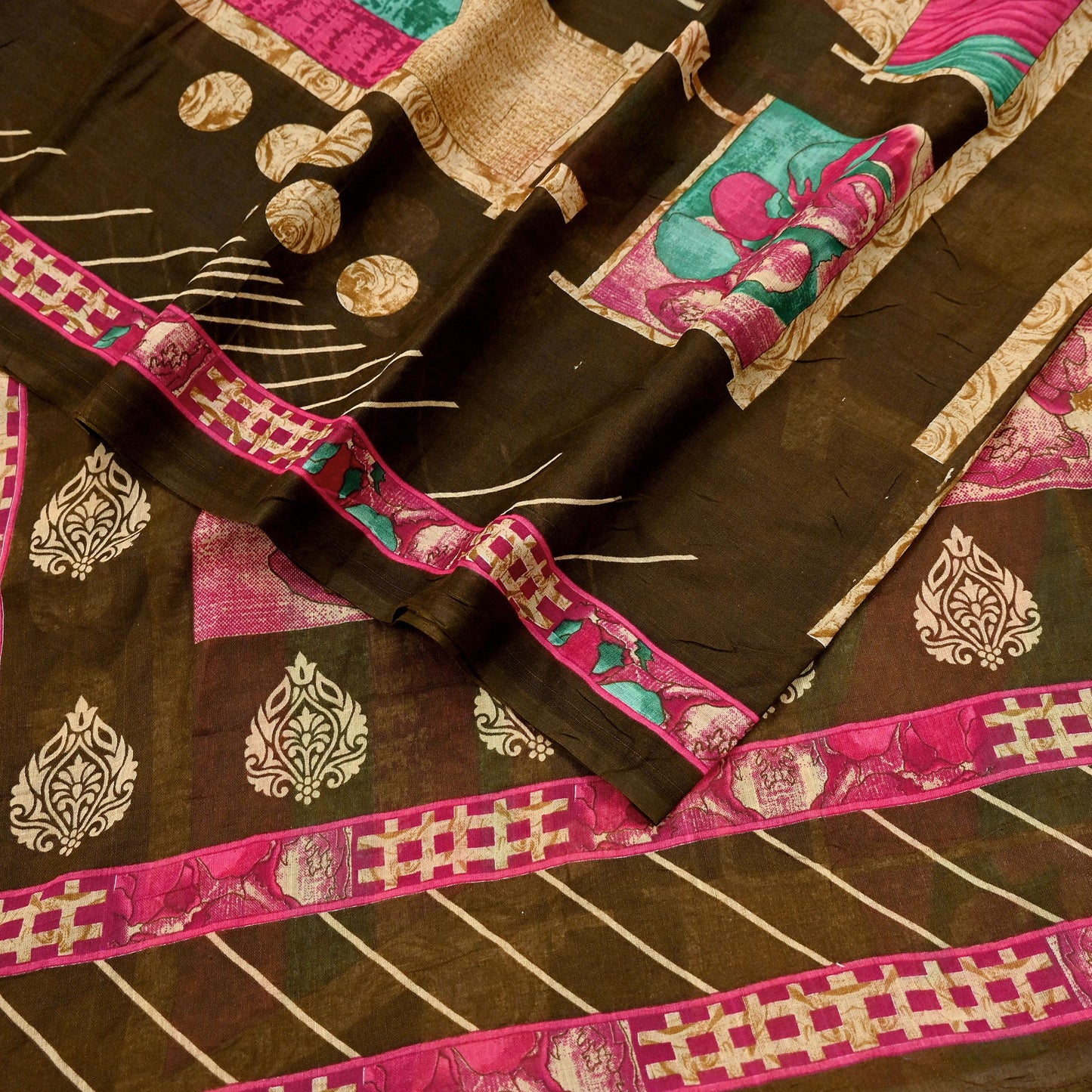 Indian Vintage Sari Beige & Brown Printed 100% Pure Cotton Saree Craft Fabric 5Yd Soft Sewing Sarong Wrap Boho Dress Making Quilting