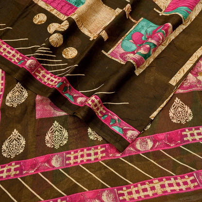 Indian Vintage Sari Beige & Brown Printed 100% Pure Cotton Saree Craft Fabric 5Yd Soft Sewing Sarong Wrap Boho Dress Making Quilting