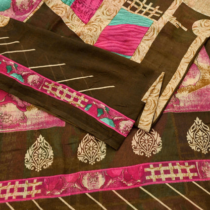 Indian Vintage Sari Beige & Brown Printed 100% Pure Cotton Saree Craft Fabric 5Yd Soft Sewing Sarong Wrap Boho Dress Making Quilting