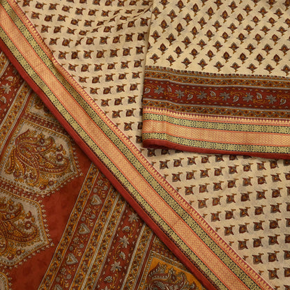 Indian Vintage Rusty & Beige Saree Printed 100% Pure Cotton Sari Craft Fabric 5Yd Sewing Sarong Wrap Dress Making Quilting Crafting