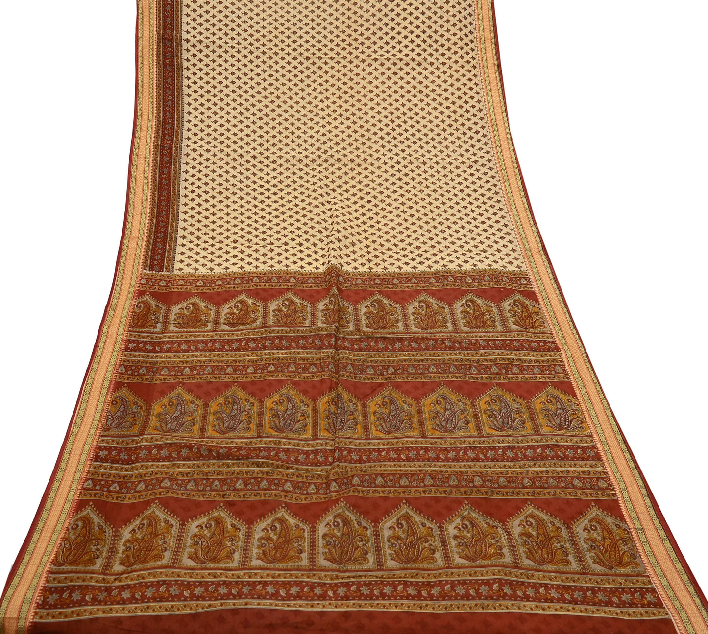 Indian Vintage Rusty & Beige Saree Printed 100% Pure Cotton Sari Craft Fabric 5Yd Sewing Sarong Wrap Dress Making Quilting Crafting
