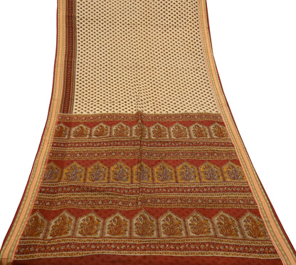 Indian Vintage Rusty & Beige Saree Printed 100% Pure Cotton Sari Craft Fabric 5Yd Sewing Sarong Wrap Dress Making Quilting Crafting
