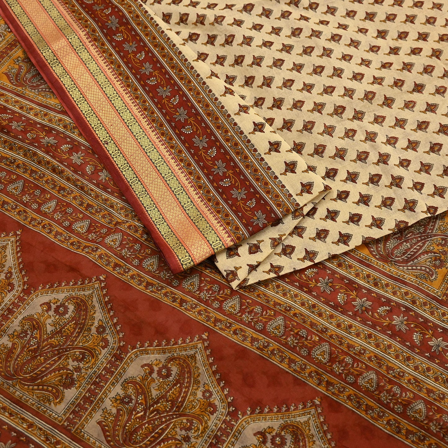 Indian Vintage Rusty & Beige Saree Printed 100% Pure Cotton Sari Craft Fabric 5Yd Sewing Sarong Wrap Dress Making Quilting Crafting