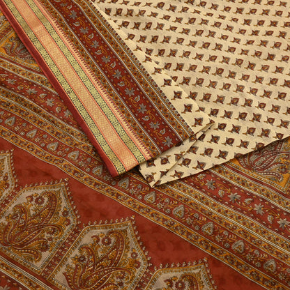 Indian Vintage Rusty & Beige Saree Printed 100% Pure Cotton Sari Craft Fabric 5Yd Sewing Sarong Wrap Dress Making Quilting Crafting