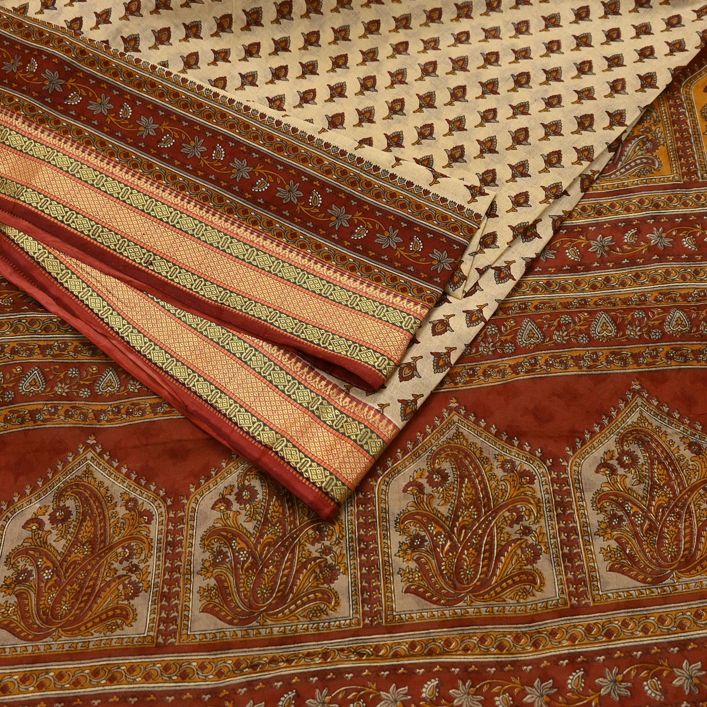 Indian Vintage Rusty & Beige Saree Printed 100% Pure Cotton Sari Craft Fabric 5Yd Sewing Sarong Wrap Dress Making Quilting Crafting