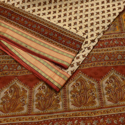 Indian Vintage Rusty & Beige Saree Printed 100% Pure Cotton Sari Craft Fabric 5Yd Sewing Sarong Wrap Dress Making Quilting Crafting