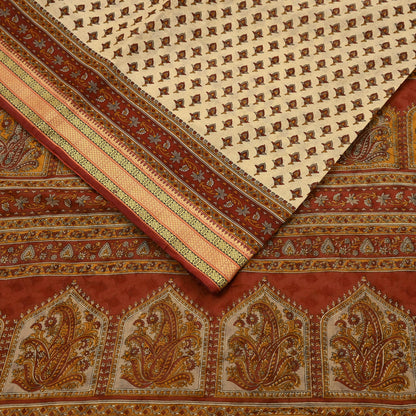 Indian Vintage Rusty & Beige Saree Printed 100% Pure Cotton Sari Craft Fabric 5Yd Sewing Sarong Wrap Dress Making Quilting Crafting