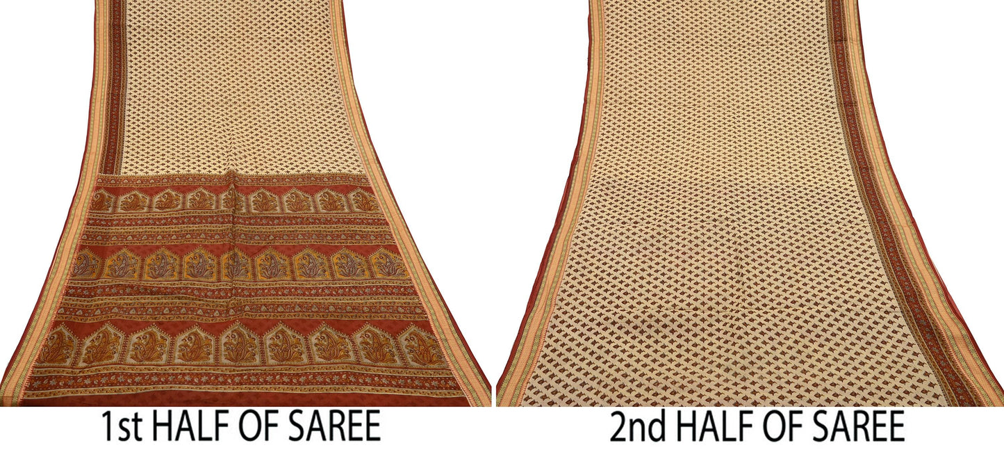 Indian Vintage Rusty & Beige Saree Printed 100% Pure Cotton Sari Craft Fabric 5Yd Sewing Sarong Wrap Dress Making Quilting Crafting