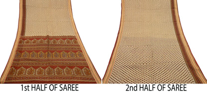 Indian Vintage Rusty & Beige Saree Printed 100% Pure Cotton Sari Craft Fabric 5Yd Sewing Sarong Wrap Dress Making Quilting Crafting