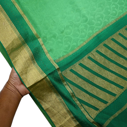 Indian Vintage Sari Green Pure Silk Hand Woven Sarees Fabric 5Yd Ethnic Dress Making Crafting Upcycle Quilting Zari Border