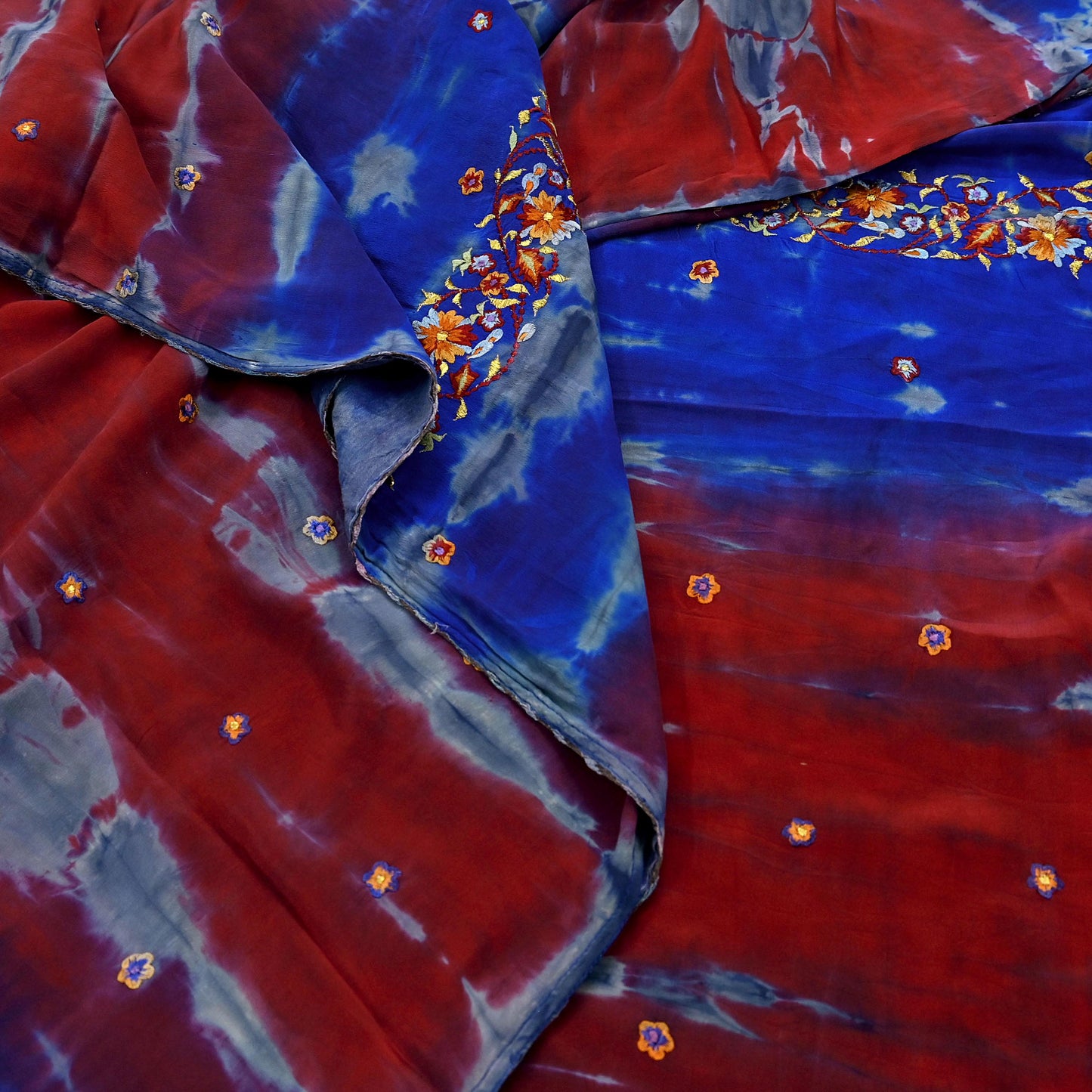 Indian Vintage Sari Blue & Gray Pure Crepe Silk Hand Embroidered Sarees 5yd Sewing Floral Craft Zari Dress making Crafting Quilting