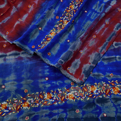 Indian Vintage Sari Blue & Gray Pure Crepe Silk Hand Embroidered Sarees 5yd Sewing Floral Craft Zari Dress making Crafting Quilting