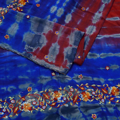 Indian Vintage Sari Blue & Gray Pure Crepe Silk Hand Embroidered Sarees 5yd Sewing Floral Craft Zari Dress making Crafting Quilting