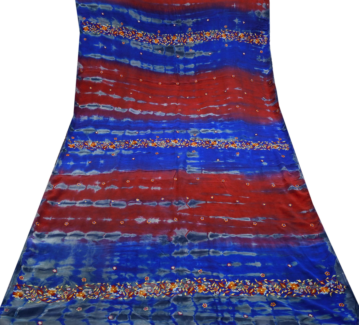 Indian Vintage Sari Blue & Gray Pure Crepe Silk Hand Embroidered Sarees 5yd Sewing Floral Craft Zari Dress making Crafting Quilting