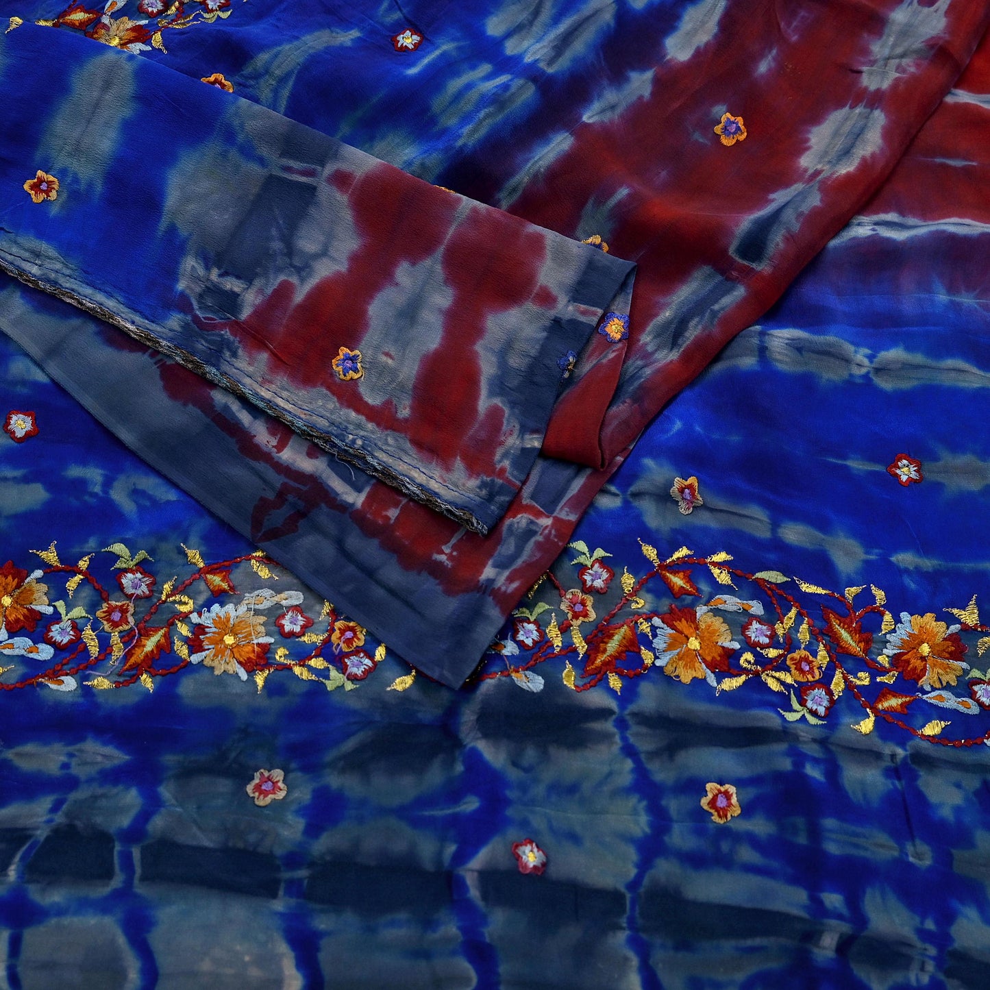 Indian Vintage Sari Blue & Gray Pure Crepe Silk Hand Embroidered Sarees 5yd Sewing Floral Craft Zari Dress making Crafting Quilting