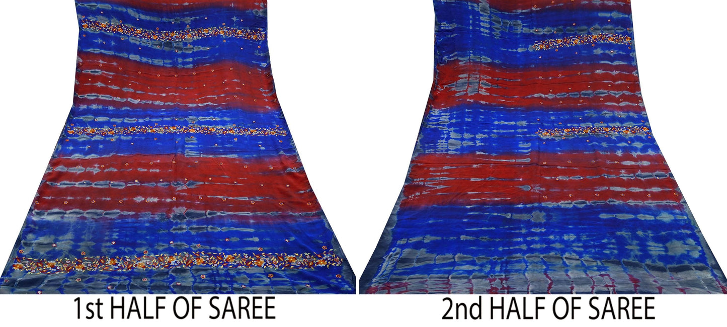 Indian Vintage Sari Blue & Gray Pure Crepe Silk Hand Embroidered Sarees 5yd Sewing Floral Craft Zari Dress making Crafting Quilting