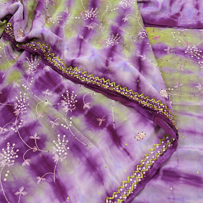 Indian Vintage Purple & Green Saree Pure Crepe Silk Hand Embroidered Tie-Dye Sari Fabric 5yard Sewing Craft Fabric Ethnic zari