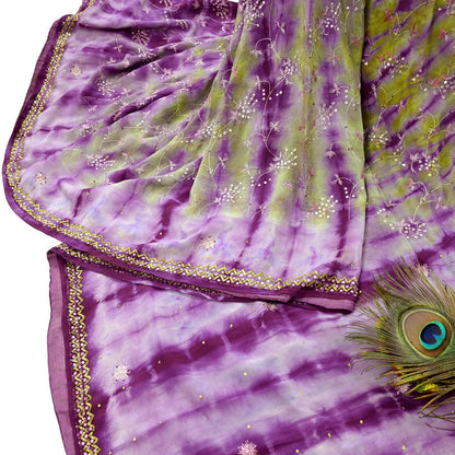 Indian Vintage Purple & Green Saree Pure Crepe Silk Hand Embroidered Tie-Dye Sari Fabric 5yard Sewing Craft Fabric Ethnic zari
