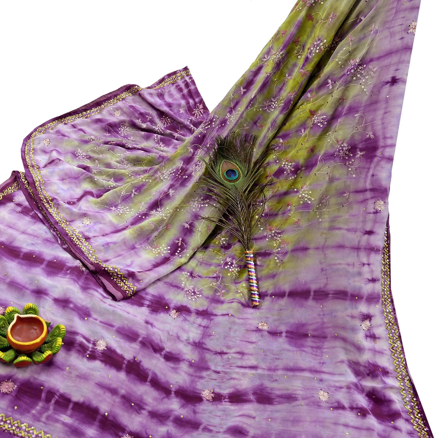 Indian Vintage Purple & Green Saree Pure Crepe Silk Hand Embroidered Tie-Dye Sari Fabric 5yard Sewing Craft Fabric Ethnic zari
