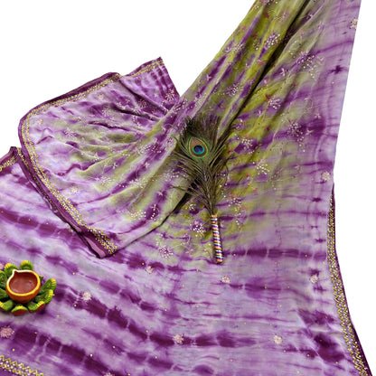 Indian Vintage Purple & Green Saree Pure Crepe Silk Hand Embroidered Tie-Dye Sari Fabric 5yard Sewing Craft Fabric Ethnic zari