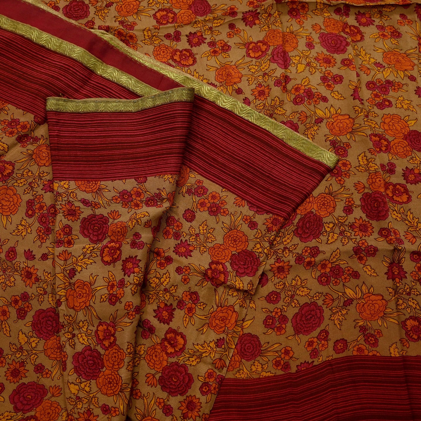 Vintage Sari Brown 100% Pure Silk Printed Saree Fabric 5yard Sewing Floral Soft Dress Designing for Crafting Paisley