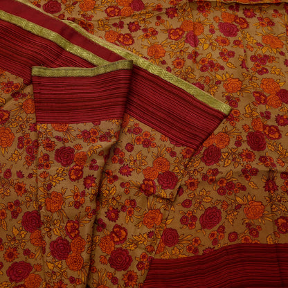 Vintage Sari Brown 100% Pure Silk Printed Saree Fabric 5yard Sewing Floral Soft Dress Designing for Crafting Paisley