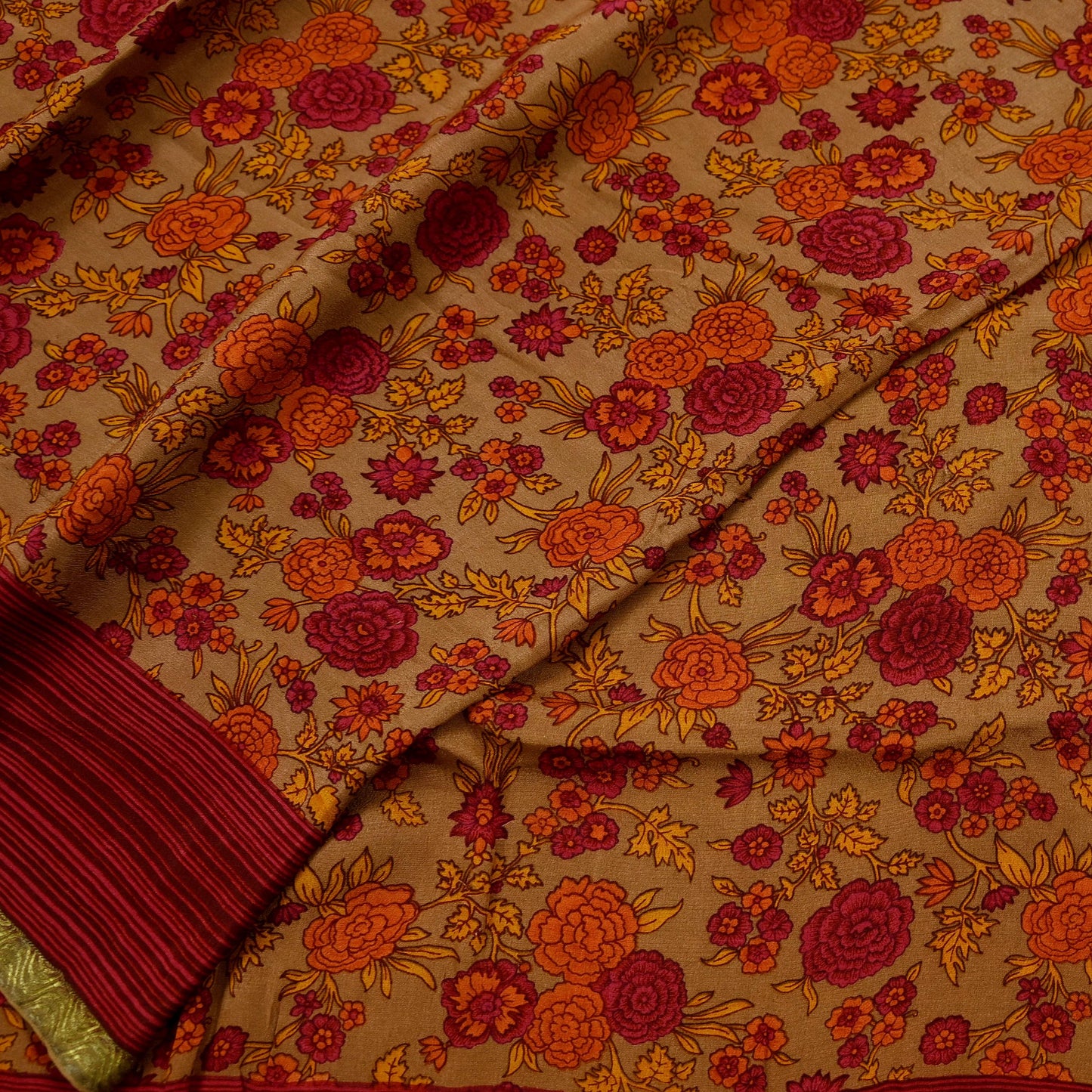 Vintage Sari Brown 100% Pure Silk Printed Saree Fabric 5yard Sewing Floral Soft Dress Designing for Crafting Paisley