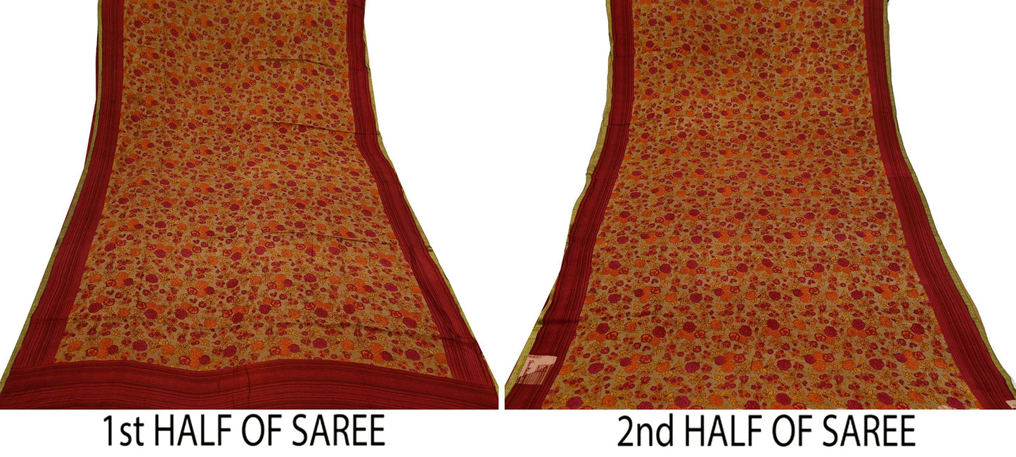 Vintage Sari Brown 100% Pure Silk Printed Saree Fabric 5yard Sewing Floral Soft Dress Designing for Crafting Paisley