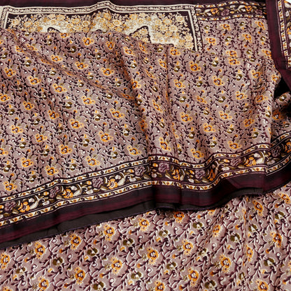 Indian Vintage Sari Brown 100% Pure Silk Printed Saree 5yard Sewing Craft Fabric DressMaking Wrap Floral Crafting Quilting