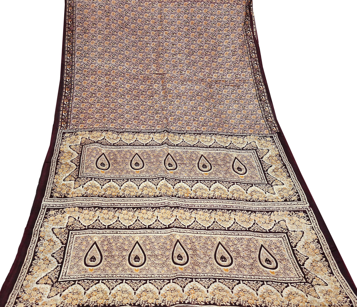 Indian Vintage Sari Brown 100% Pure Silk Printed Saree 5yard Sewing Craft Fabric DressMaking Wrap Floral Crafting Quilting