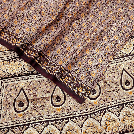 Indian Vintage Sari Brown 100% Pure Silk Printed Saree 5yard Sewing Craft Fabric DressMaking Wrap Floral Crafting Quilting